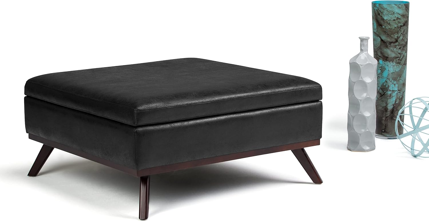 SIMPLIHOME Owen Square Coffee Table Storage Ottoman - 36 inch Wide Upholstered Vegan Leather Lift-Top Ottoman in Distressed Black, Mid-Century Modern Ottoman for Living Room with Tufted Detail