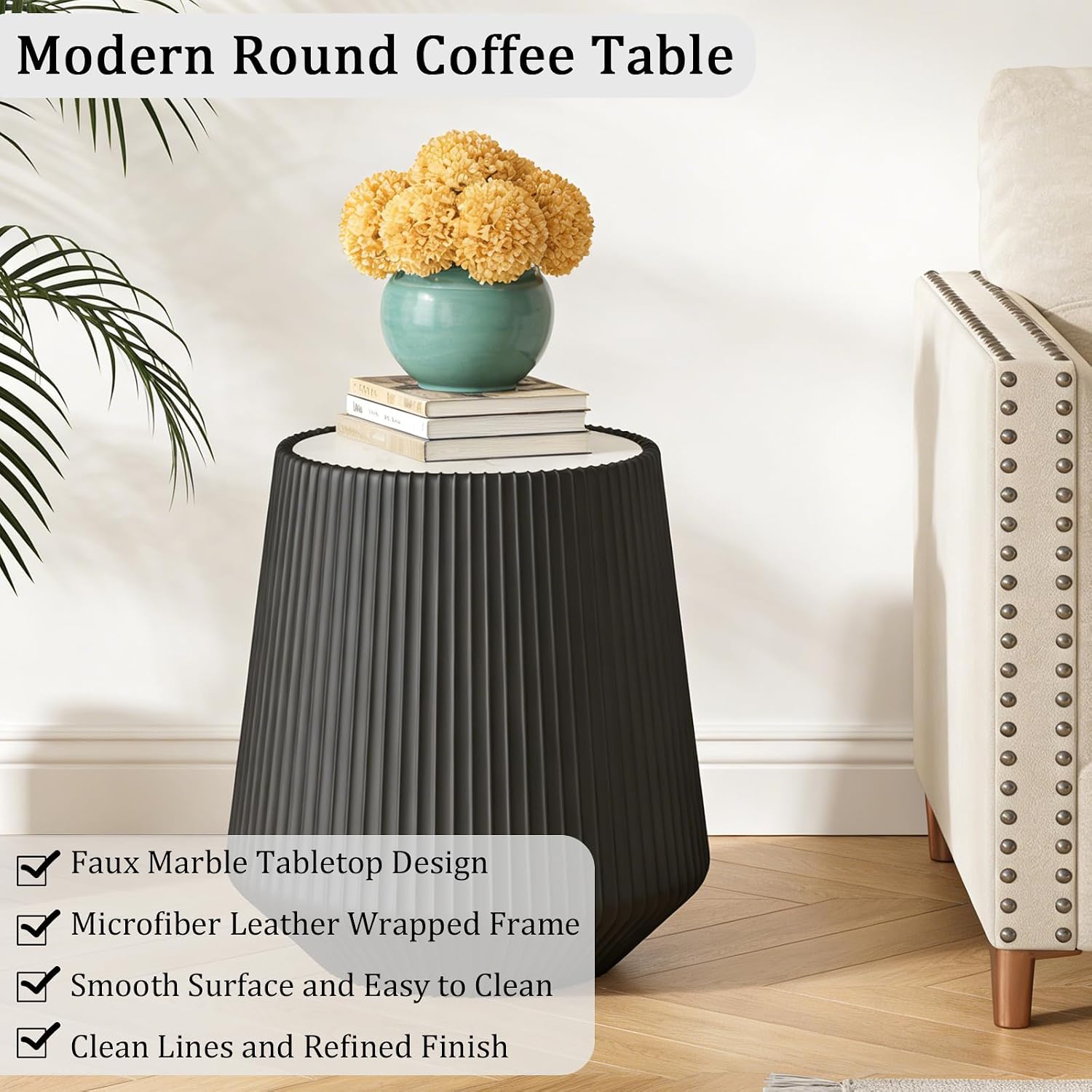 Black Round Coffee Table with Sintered Stone Tabletop, 17.71' Drum Coffee Table with Fluted PU Leather Covered and Stable Base, Circle Cocktail Tea Table for Living Room