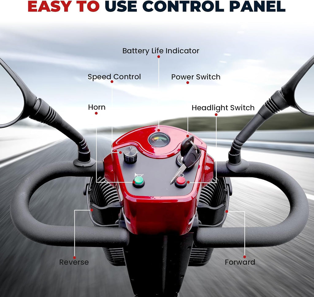 4 Wheel Mobility Scooters for Adults, Foldable Powered Mobility Scooter with Rearview Mirror,14 Miles Range, 5 Mph Long Range Power Extended Battery with Charger, Rear Basket and LED Light (Red-X-03)