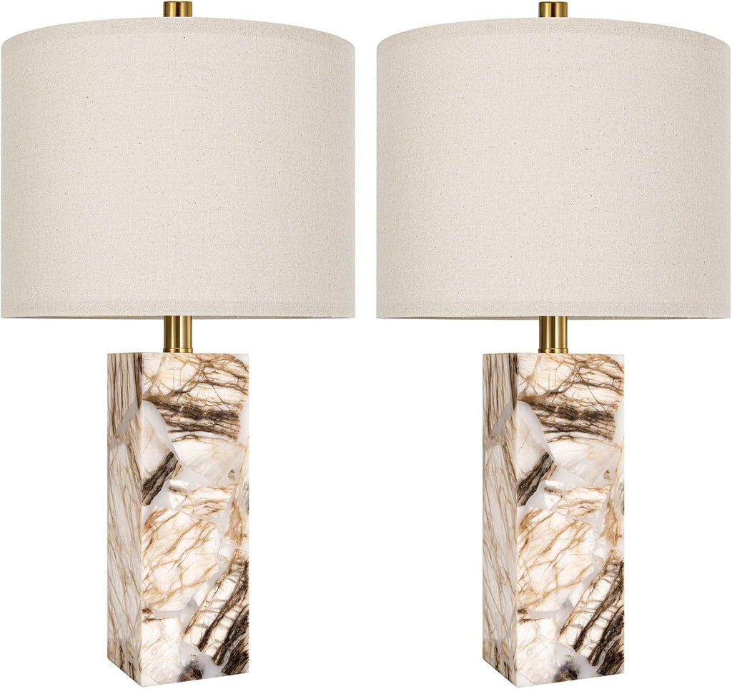 Scenekoy 23' Modern Alabaster Table Lamps Set of 2 with Night Light for Bedroom, Rotary Switch, Bedside Lamp with Linen Shade, Brown Table Lamp for Living Room Nightstand Office (Bulb Included)