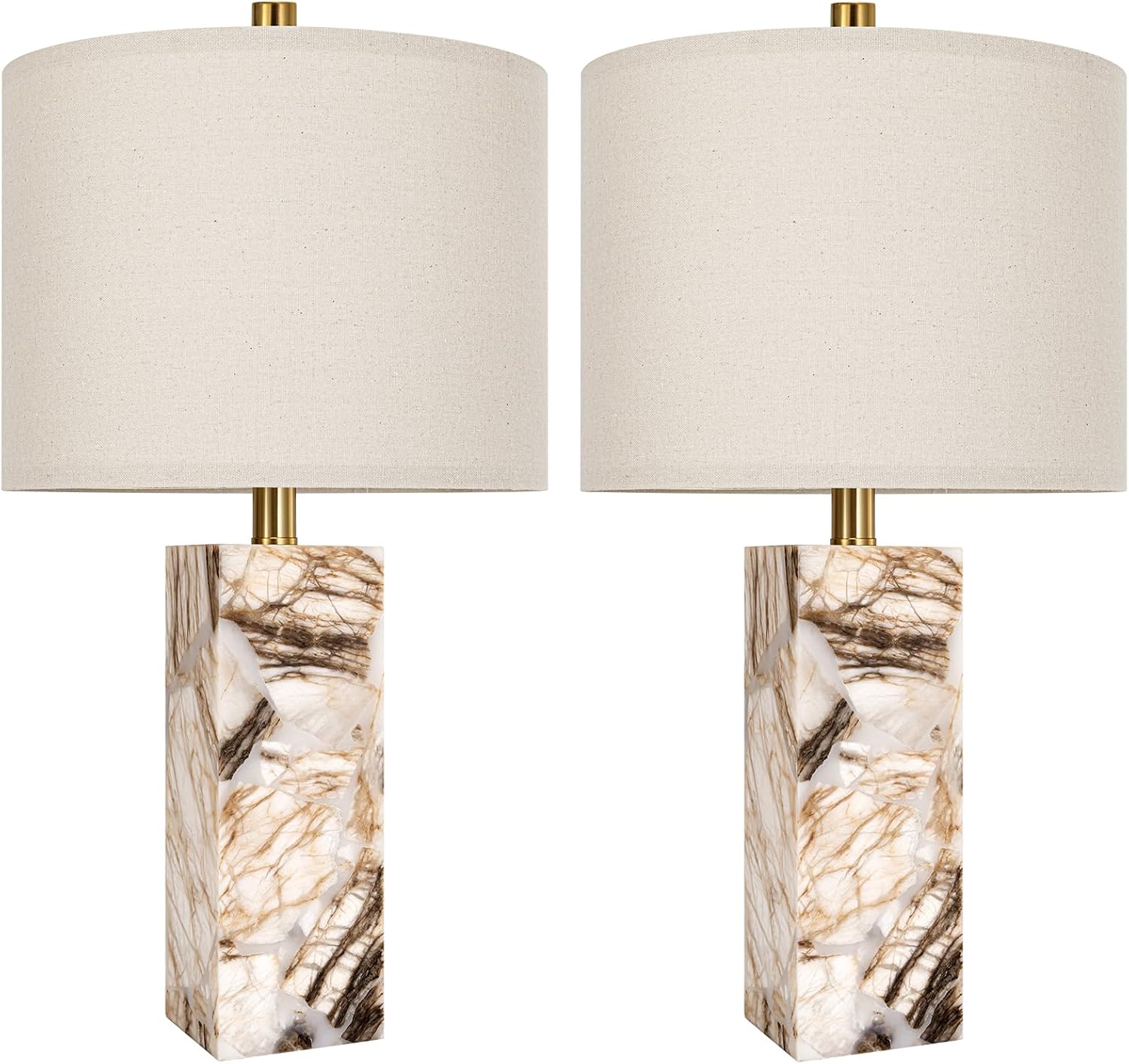 Scenekoy 23' Modern Alabaster Table Lamps Set of 2 with Night Light for Bedroom, Rotary Switch, Bedside Lamp with Linen Shade, Brown Table Lamp for Living Room Nightstand Office (Bulb Included)