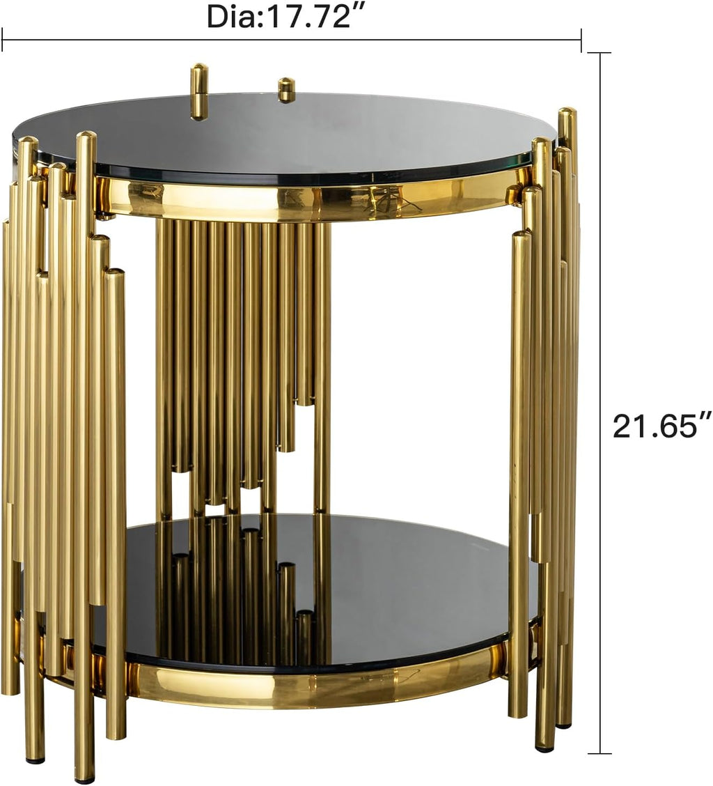 Luxury Gold Round Glass End Table, 17.7' Modern Side Table with Stainless Steel Irregular Leg Black Tempered Glass Tabletop, Accent Furniture for Living Room, Black