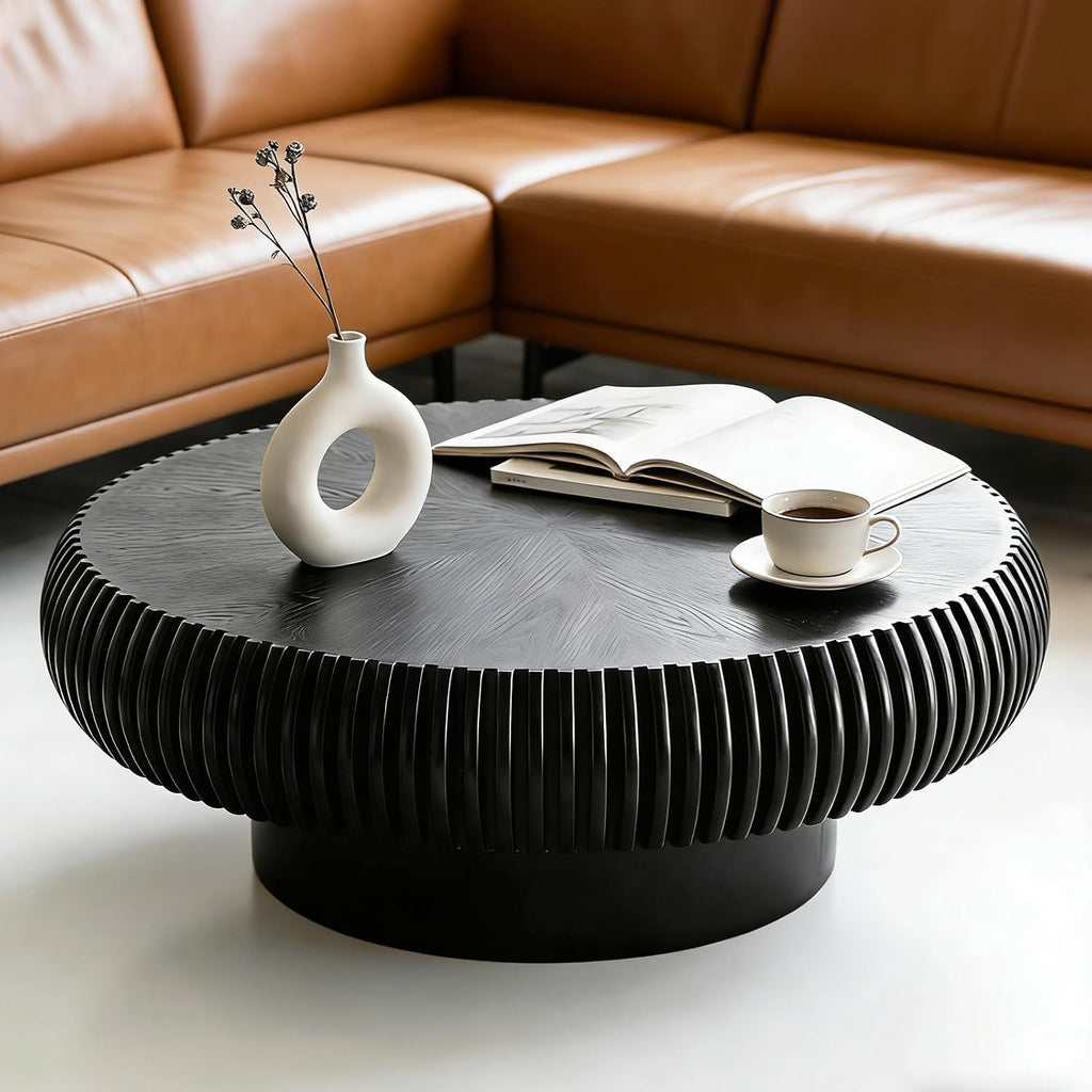Round Coffee Table for Living Room Modern Black Fluted Coffee Table 39.3 inch Low Round Drum Coffee Tables for Living Room (Black, 39.3')
