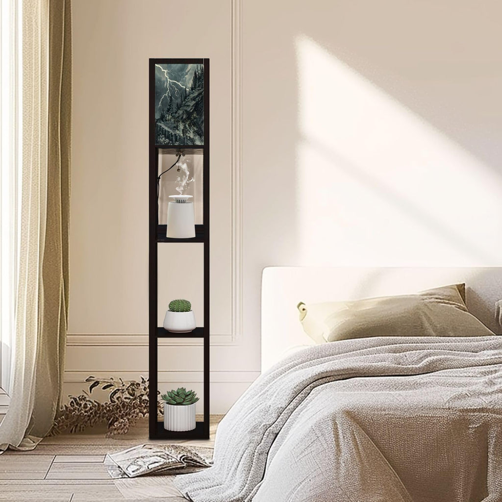 Floor Lamp with Shelves Dragon Shaped Crag Ruined Fortress Monochromatic Art Standing Tall Lamp USB Ports & Power Outlet Modern Corner Lamp Nightstand Light for Living Room Bedroom