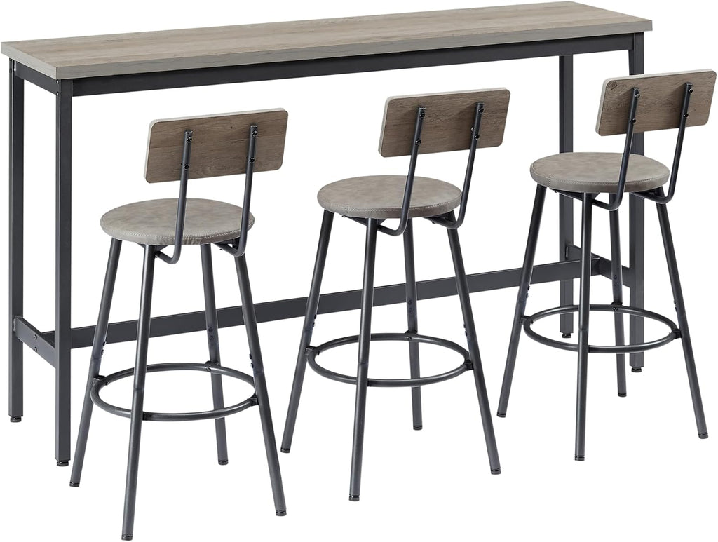 Elevon Long Bar Table Set with 3 PU Upholstered Bar Stools, Dining Table and Chair Sets, Industrial Tall Coffee Table and Back Chair for Kitchen, Living Room, Party Room, Small Space, Pub, Gray