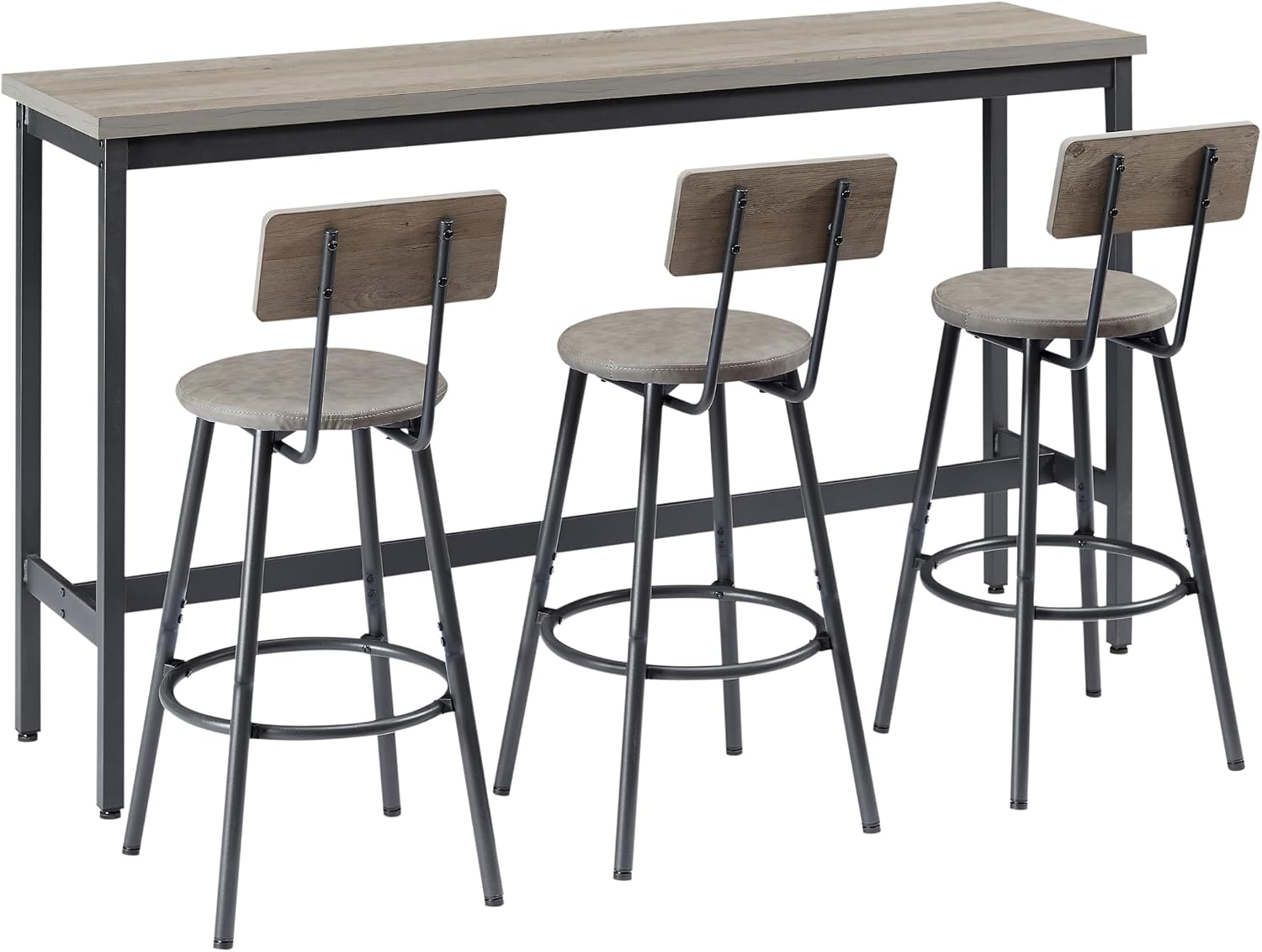 Elevon Long Bar Table Set with 3 PU Upholstered Bar Stools, Dining Table and Chair Sets, Industrial Tall Coffee Table and Back Chair for Kitchen, Living Room, Party Room, Small Space, Pub, Gray