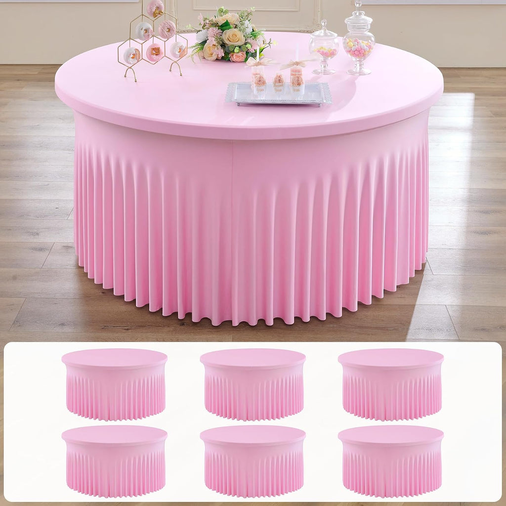 NSSONBEN 6 pk Baby Pink Round Spandex Tablecloths 60 in with Ruffled Skirt,Wrinkle Free High-Stretch 120 inch Pink Table Cloth Fitted 6ft Round Tables,Spandex Table Covers 6ft for Girl Party Banquet