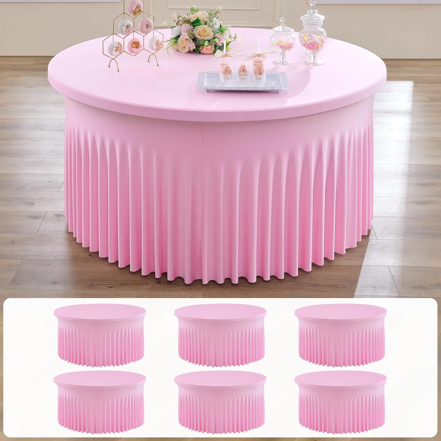 NSSONBEN 6 pk Baby Pink Round Spandex Tablecloths 60 in with Ruffled Skirt,Wrinkle Free High-Stretch 120 inch Pink Table Cloth Fitted 6ft Round Tables,Spandex Table Covers 6ft for Girl Party Banquet