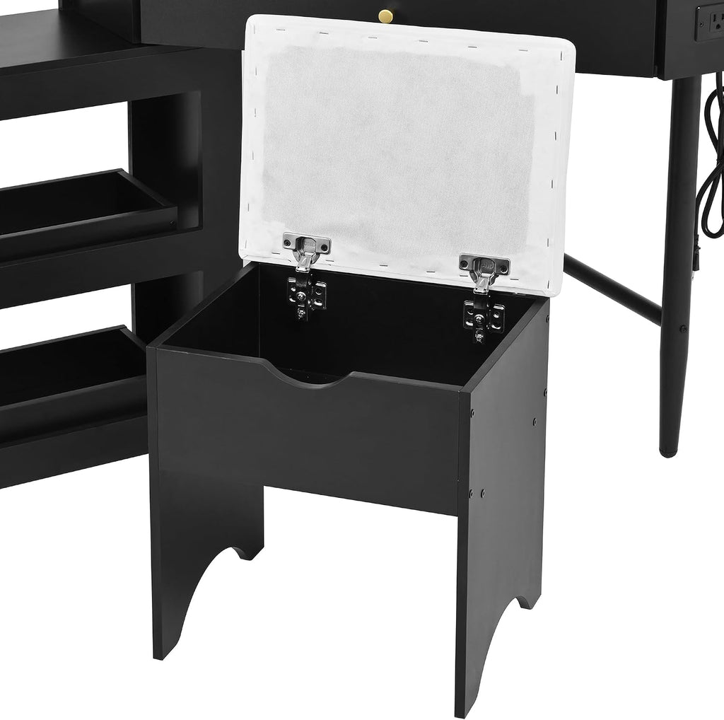 Corner Vanity Desk, Modern Makeup Vanity with 1 Drawers & Storage Stool Bedroom, with Adjustable Cabinet Open Shelves Drawer for Women (Black-1)