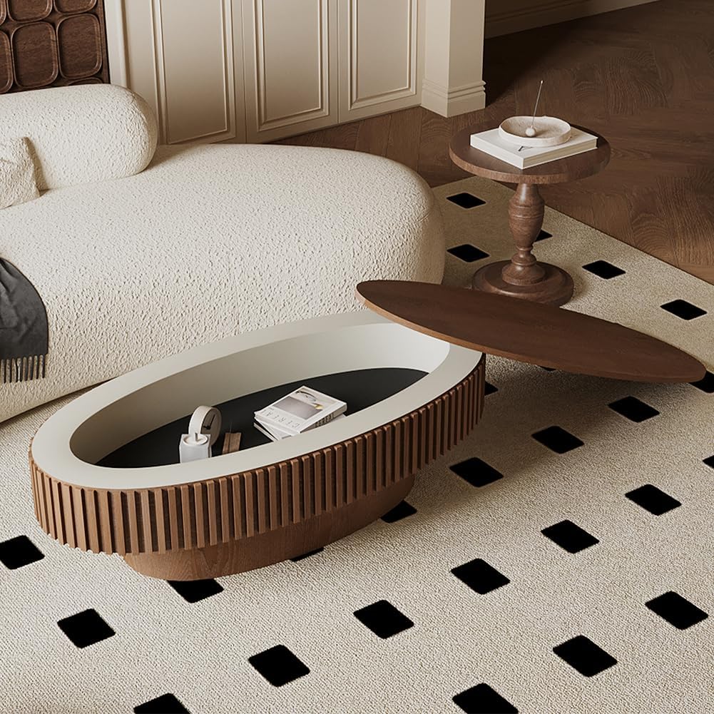 47.2'' Oval Coffee Table with Storage for Living Room Wood Fluted Coffee Table Mid Century Modern Coffee Tables with Lid Pedestal Center Tables for Apartment Walnut