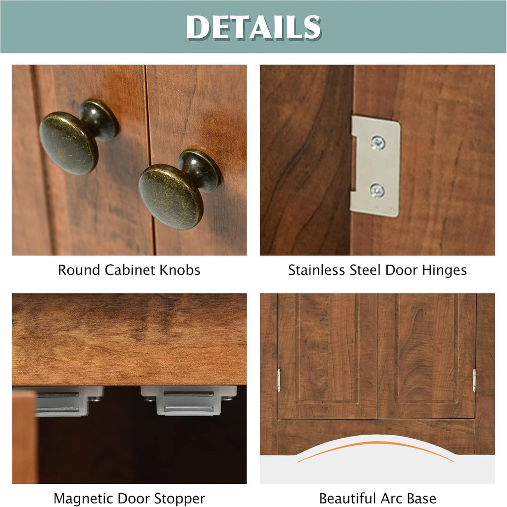 Knocbel 31.5' Height Corner Floor Storage Cabinet with Brushed Nickel Knobs, 2 Doors and Adjustable Shelves, Bathroom Pantry Corridor Free Standing Triangle Organizer Unit (Brown)