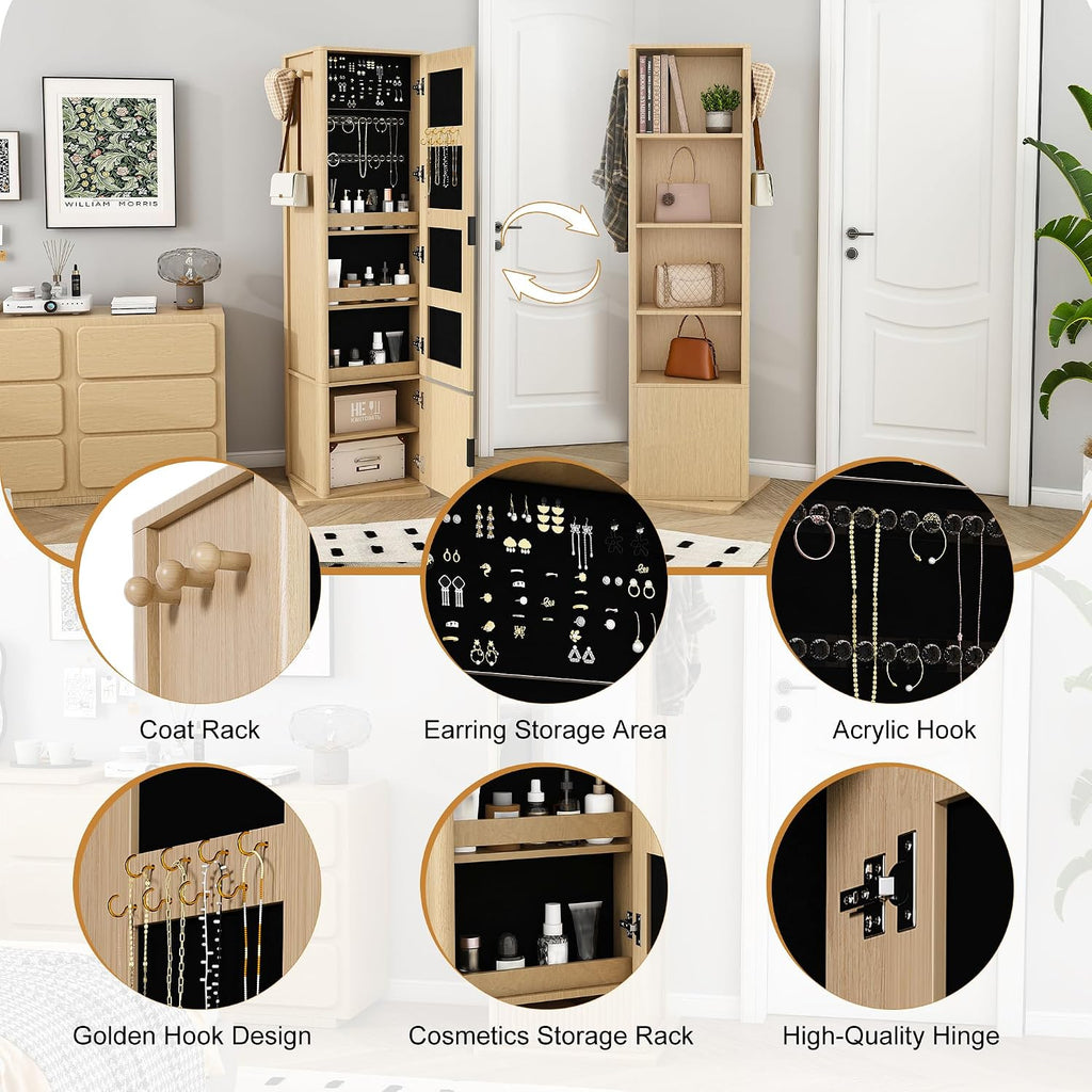 360° Rotating Makeup Storage Cabinet with Full-Length Mirror, Jewelry Armoire Organizer, Freestanding Bookshelf Tower, Coat Hook Stand, Hidden Shelves, Space-Saving Bedroom Furniture (Walnut)