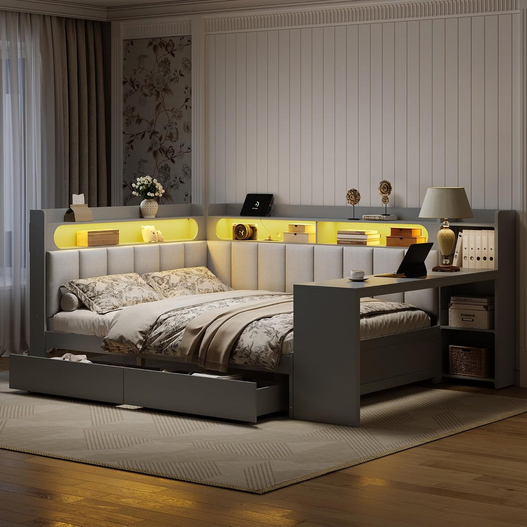 CITYLIGHT Full Size Daybed with Storage Drawers and Upholstered Headboard, Full Size Corner Bed with LED,Charging Station and Storage Shelves for Bed Room,Living Room.(Gray)