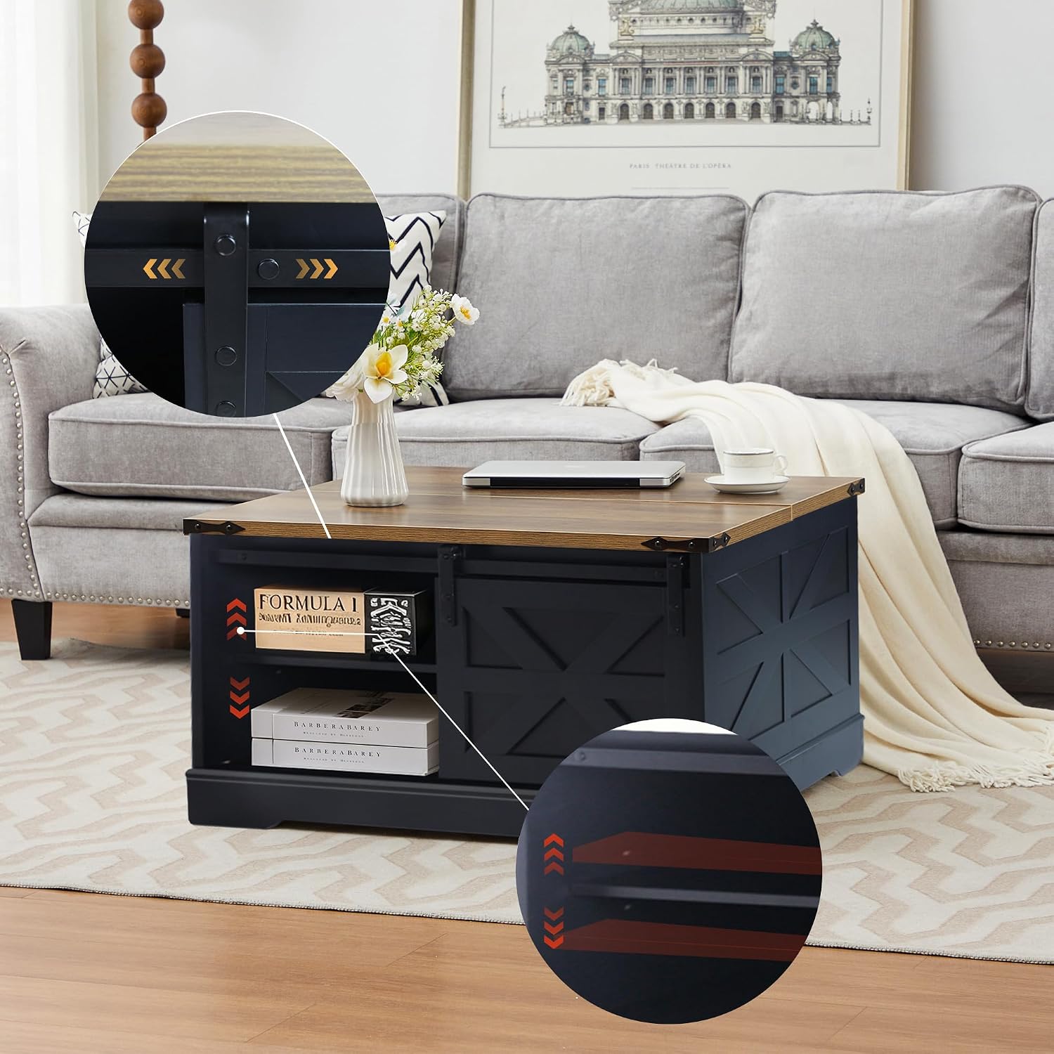 Farmhouse Lift Top Coffee Table, Wood Square Coffee Table with Sliding Barn Door and Adjustable Shelf Rustic Center Table with Hidden Storage Compartment for Living Room, Black