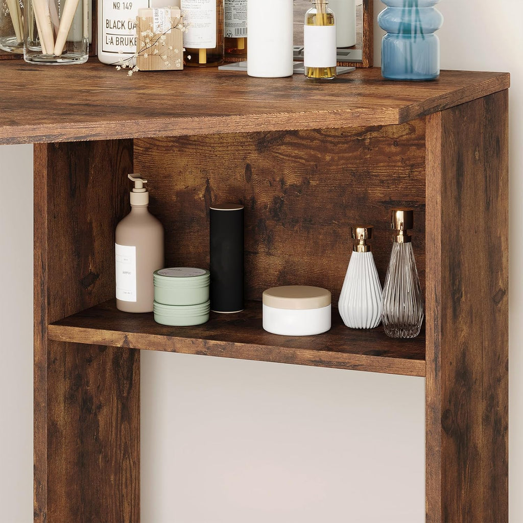 Corner Vanity Desk with Mirror and Led Lights - Makeup Table with 5 Drawers, Shelves, and Vanity Stool - Perfect for Bedroom or Bathroom, Brown