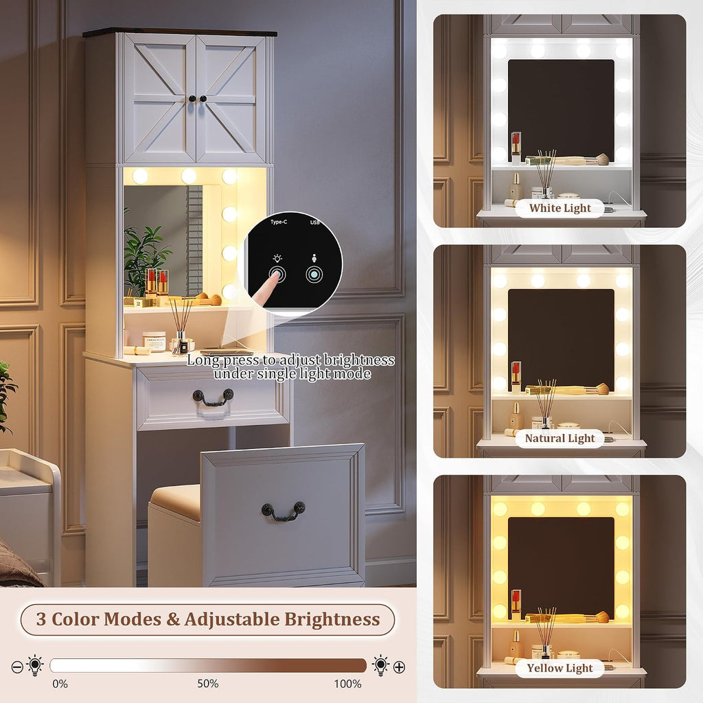 Compact Vanity with Mirror and Lights, Makeup Vanity Desk w/Storage Drawers & Shelves, Farmhouse Vanity Table with Hidden Chair for Bedroom, Dressing Table Gift for Girls Lady