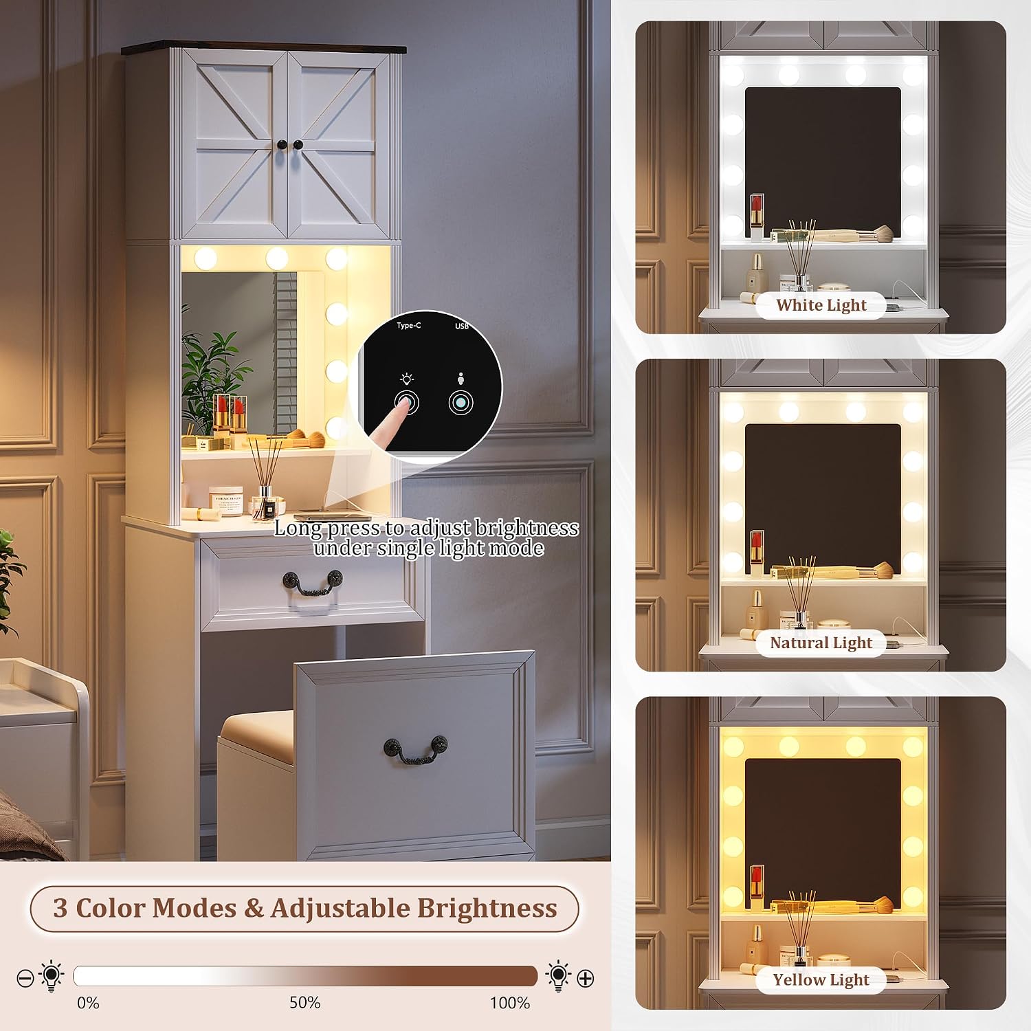 Compact Vanity with Mirror and Lights, Makeup Vanity Desk w/Storage Drawers & Shelves, Farmhouse Vanity Table with Hidden Chair for Bedroom, Dressing Table Gift for Girls Lady
