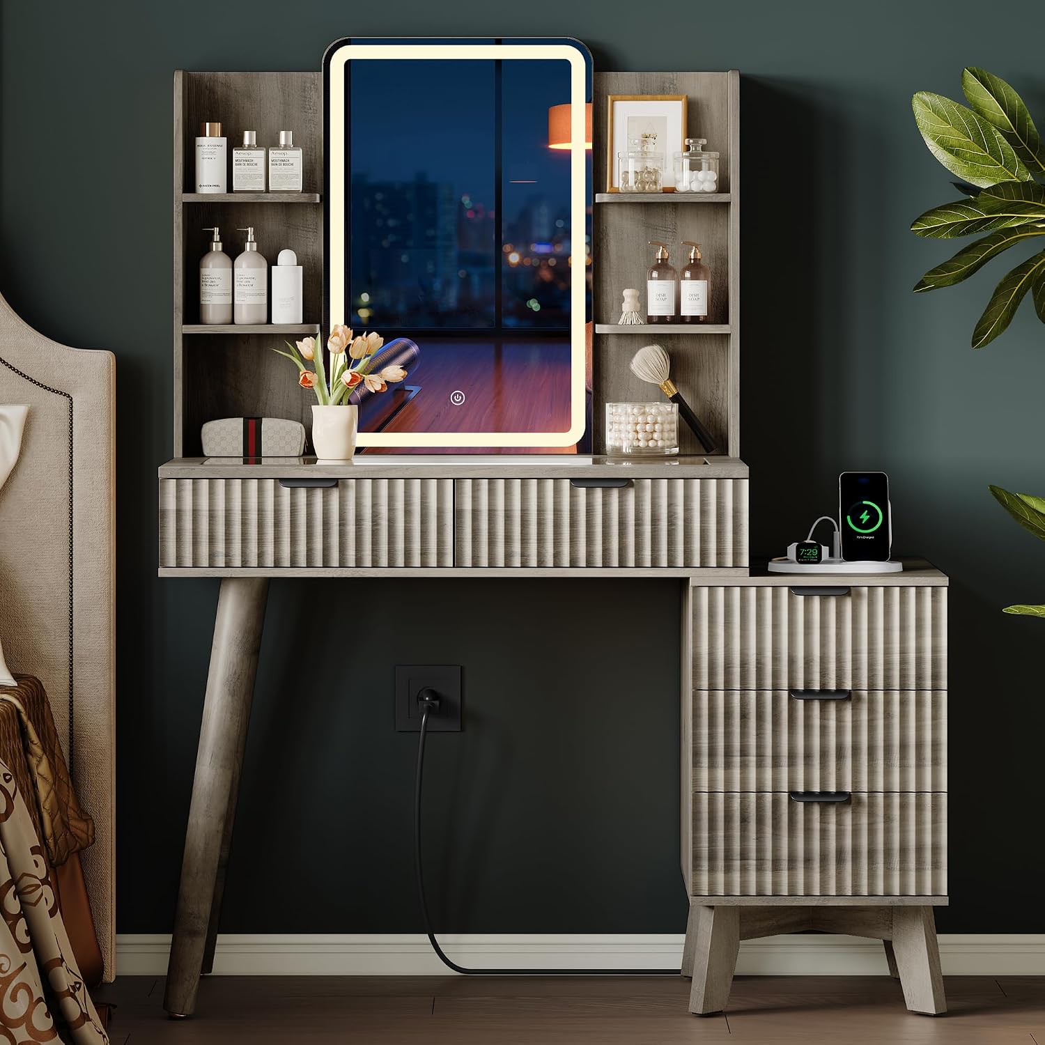 Xixini Fluted Vanity Desk with Mirror and Lights, Glass Top Makeup Table Set with 5 Drawers, Power Outlet & Storage Cabinet, Large Dressing Table with RGB Ambient Light for Bedroom Women Girls, Grey