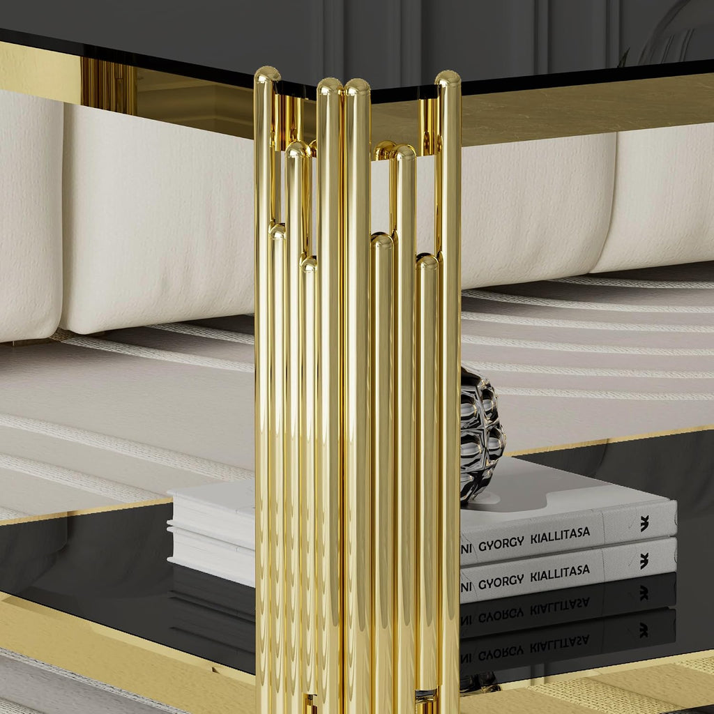 Black Glass Coffee Table 43' Modern Living Room Table Gold Stainless Steel Metal Leg Rectangular Tempered Glass Luxury Center Tables for Home Office