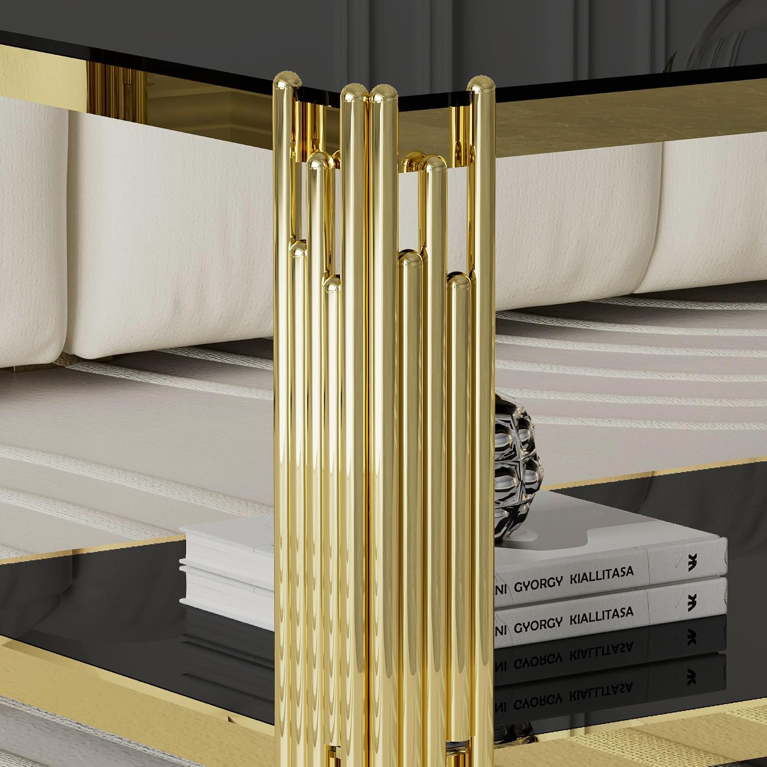 Black Glass Coffee Table 43' Modern Living Room Table Gold Stainless Steel Metal Leg Rectangular Tempered Glass Luxury Center Tables for Home Office