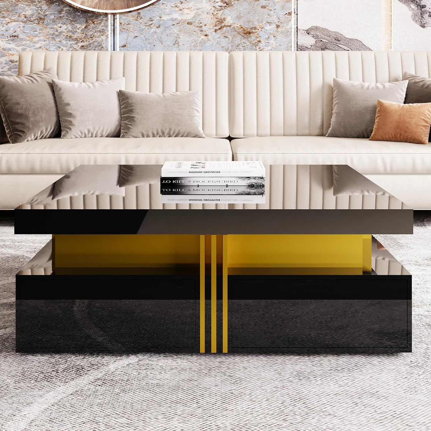 Merax 43.3' Modern Glossy Square Storage Coffee Table with 4 Drawers, Gold Accents, Functional Center Tables for Living Room Apartment, Glossy Black