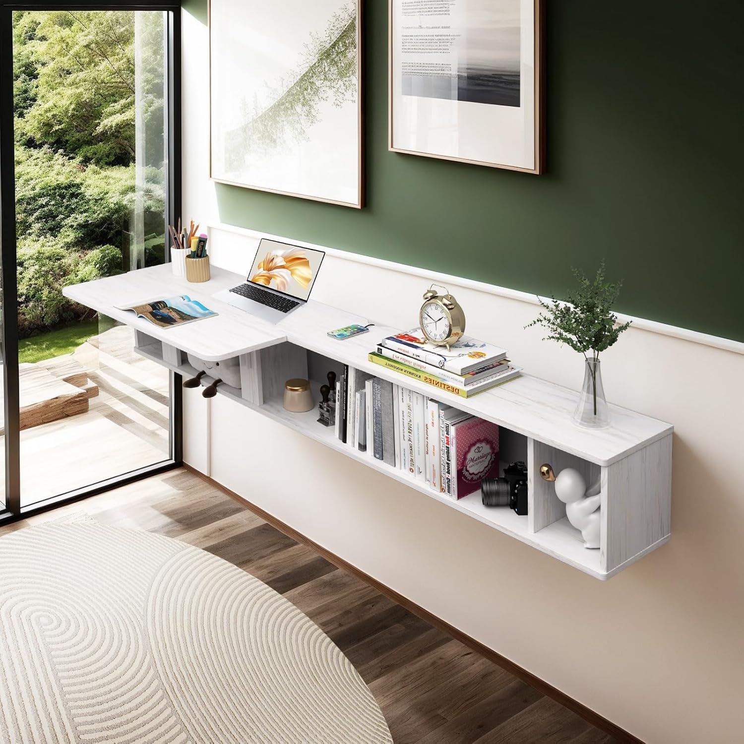 Pmnianhua 70'' Floating Desk with Storage Shelves,Wall Mounted Desk Laptop Computer Writing Study Table for Bedroom Small Space(White)