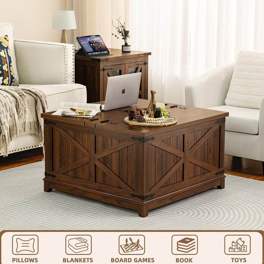 Joaxswe Farmhouse Coffee Table Sets 2 Pieces, Narrow Night Stand with Glass Barn Door Storage, Large Coffee Tables with Hidden Storage Organizer, Wood Furniture Sets for Living Room, Office, Brown