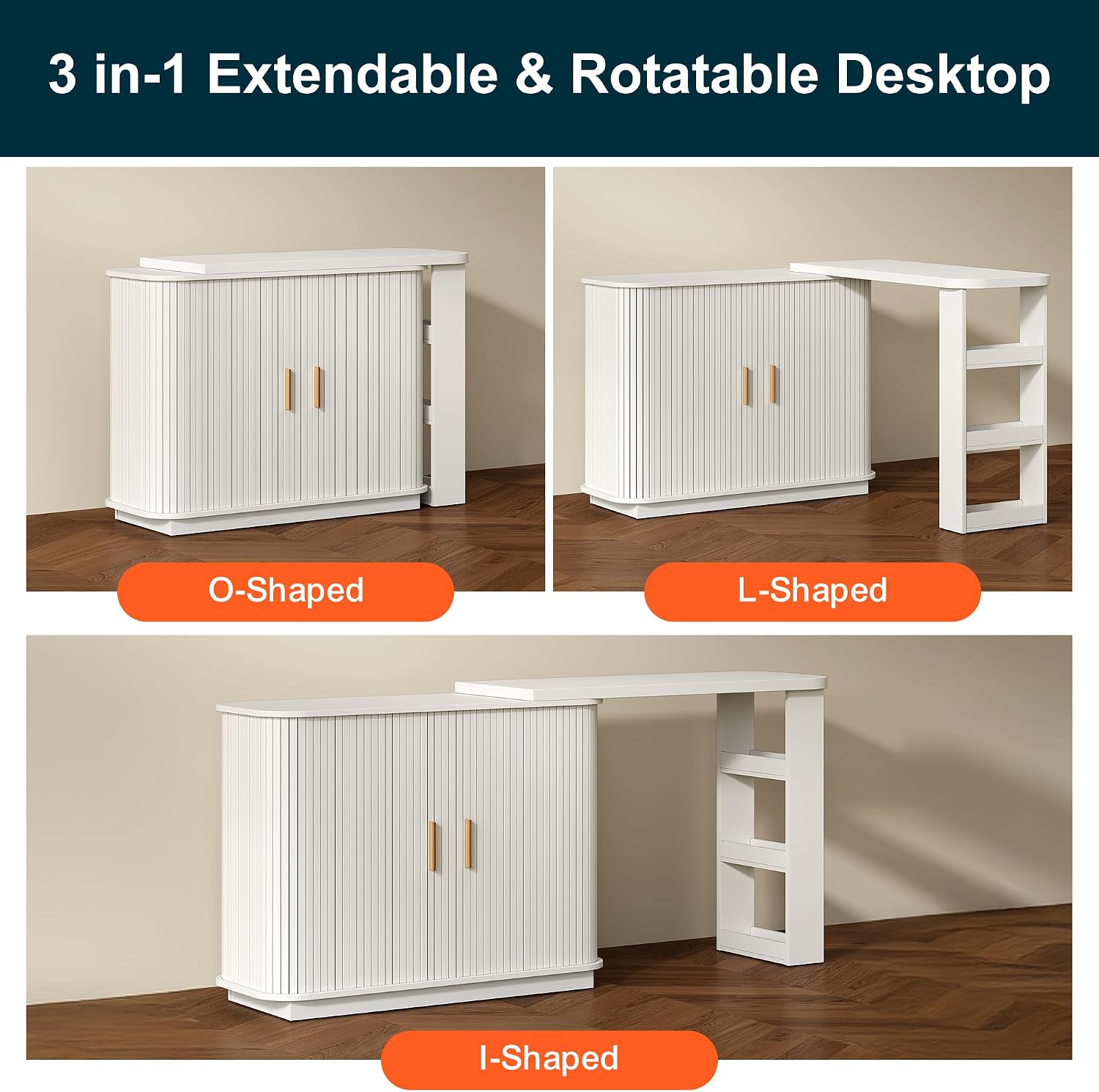 RoyalCraft 68' Extendable Makeup Vanity Desk, Modern L-Shaped Corner Vanity Desk with Silding Door, White Fluted Makeup Table with Curved Desktop and Adjustable Shelf, Wood Dressing Table for Bedroom