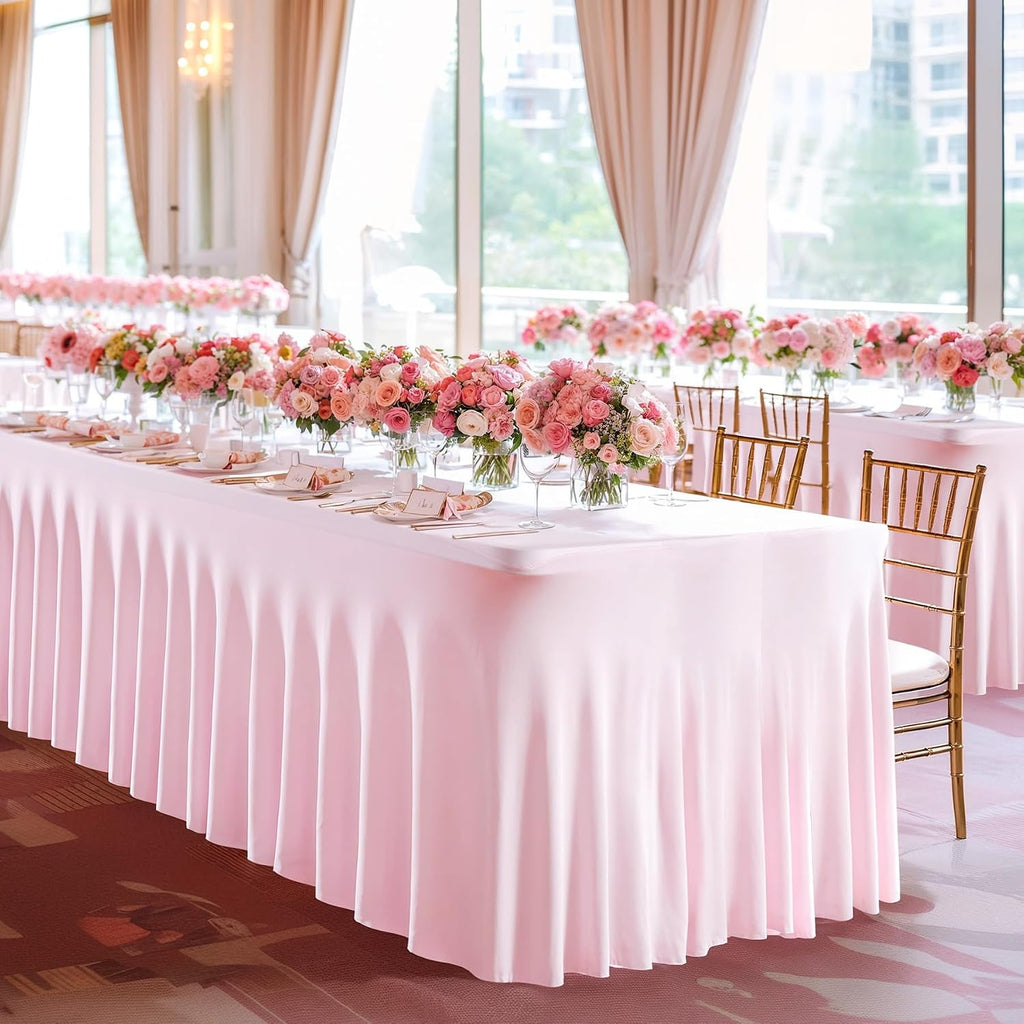 PARTISKY 6 Pack Pink Table Cover for Rectangle Tables 8ft,One-Piece Spandex Elastic Table Cloth with Skirt for Wedding Folding Table Banquet Baby Shower & Birthday Parties
