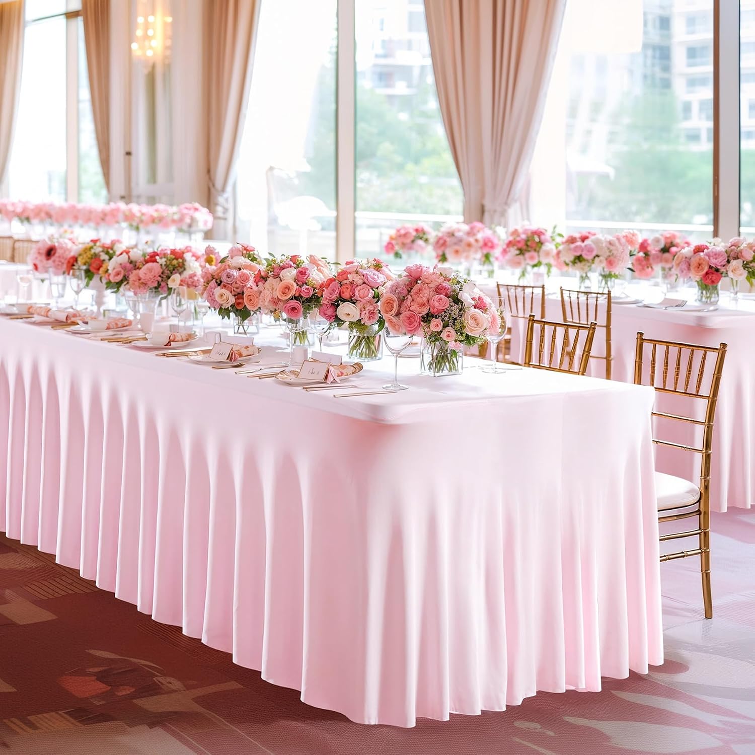 PARTISKY 6 Pack Pink Table Cover for Rectangle Tables 8ft,One-Piece Spandex Elastic Table Cloth with Skirt for Wedding Folding Table Banquet Baby Shower & Birthday Parties