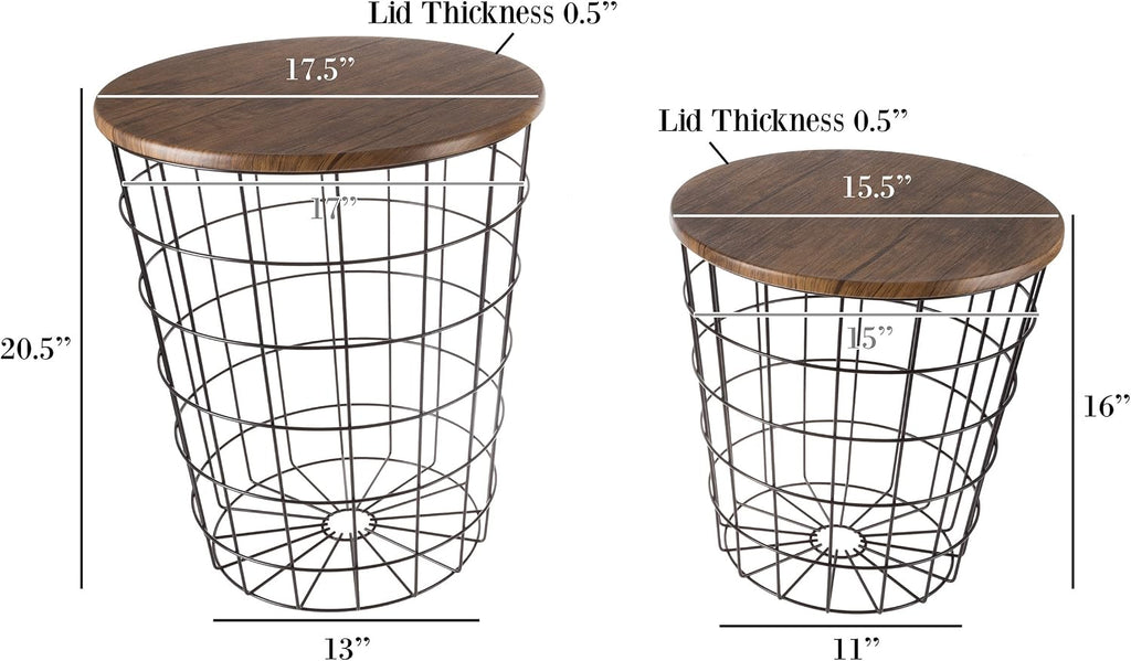 Lavish Home End Tables Set of 2 - Nesting Tables with Removable Wood Tops and Metal Basket Bases for Blanket Storage - Round Side Pieces for Living Room, Bedroom, or Home Office (Brown/Black)