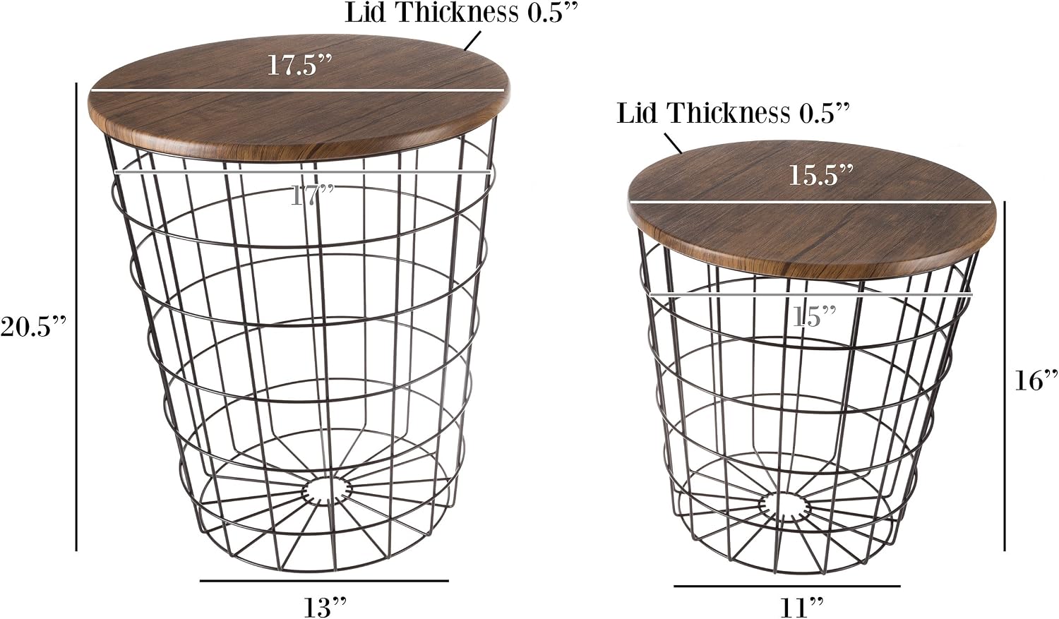 Lavish Home End Tables Set of 2 - Nesting Tables with Removable Wood Tops and Metal Basket Bases for Blanket Storage - Round Side Pieces for Living Room, Bedroom, or Home Office (Brown/Black)