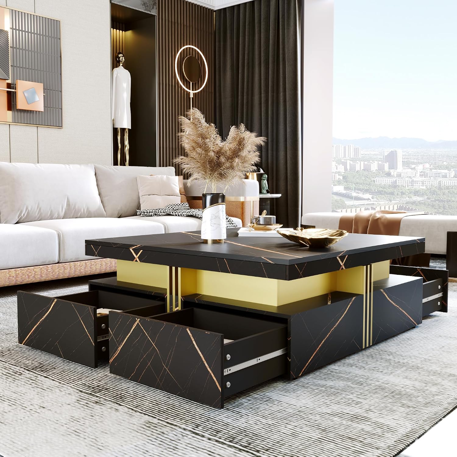 Modern Black Square Storage Coffee Table with 4 Drawers for Living Room