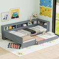 Merax L-Shaped Twin Bed with Trundle for 2-3 People, Wood Corner Platform Bed Frame with 1 Drawer & 5 Storage Shelves & Charging Station for Bedroom Guest Room, No Spring Box Needed (Grey)