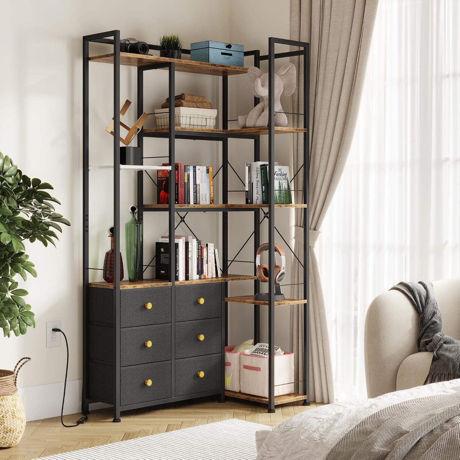 AFLUI Corner Bookshelf with LED Lights & 6 Fabric Drawers, 5-Tier Industrial L-Shaped Bookcase with Acrylic Display Shelf for Living Room, Office