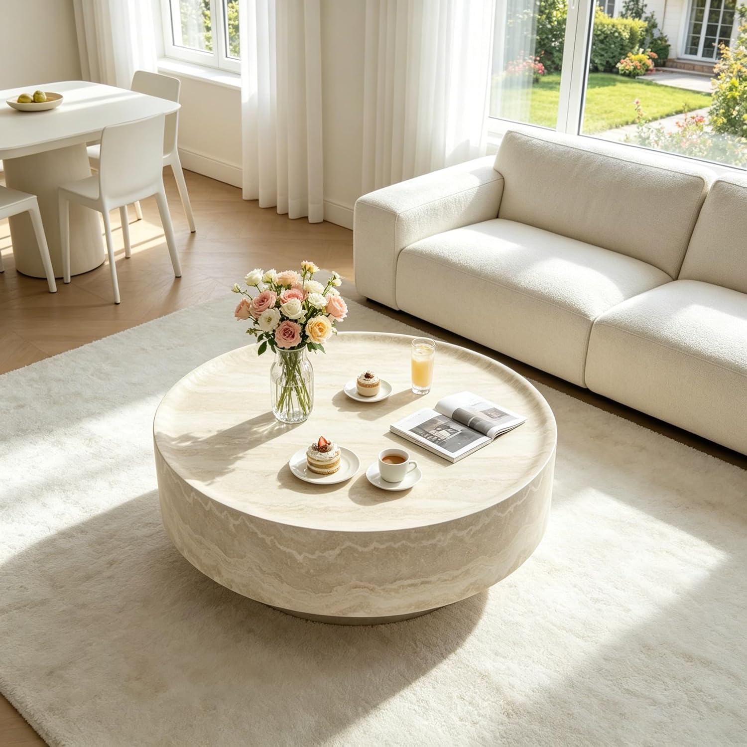 Faux Marble Round Coffee Table, 31.5' Luxury Circle Coffee Table, Drum Stone Center Table, Beige End Table, Minimalist Sofa Accent Table for Living Room Apartment Office