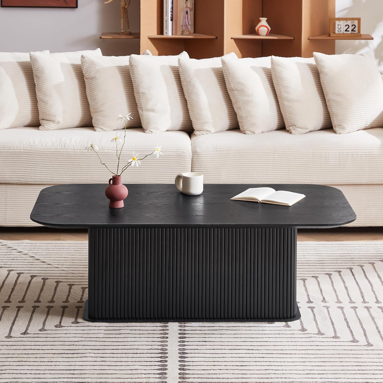 Coffee Table, Modern Wooden Coffee Table Rectangle Center Table with Solid Wood Veneered, Black