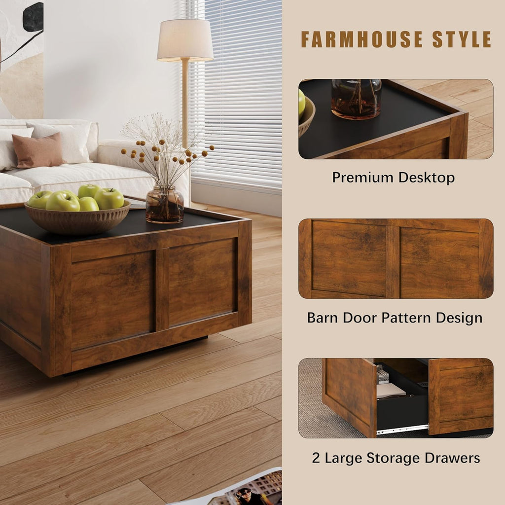 HedoAjim Farmhouse Coffee Table with 2 Storage Drawers for Living Room Square Center Middle Table Modern Cocktail Table Contemporary Mid Century Wood Home Office Waiting Room, Black Rustic