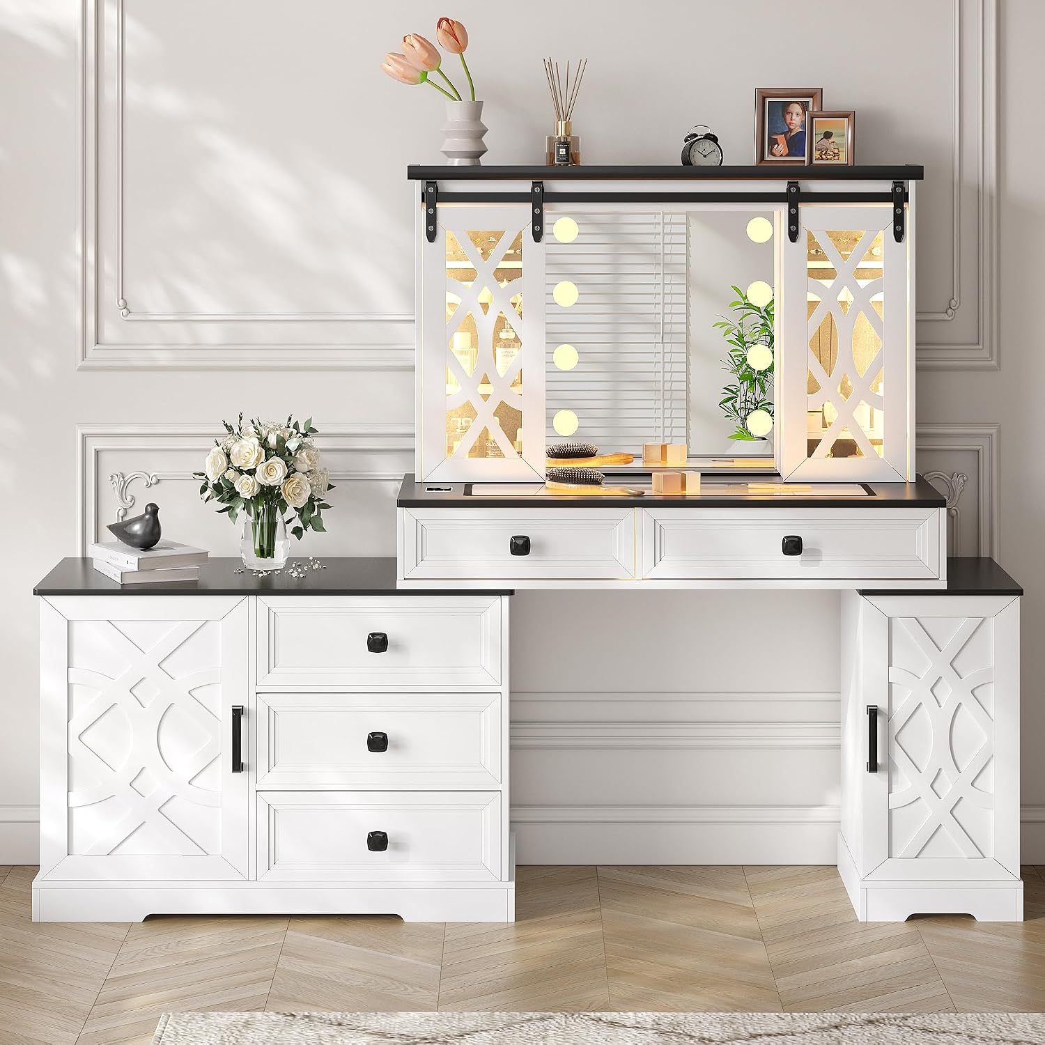 Farmhouse Makeup Vanity with Mirror & Lights, Large Vanity Desk with 5 Drawers & 9 Storage Shelves, Dressing Table with Jewelry Armoire, Vanity Gifts for Wife Girlfriends Women Lady Girl, White