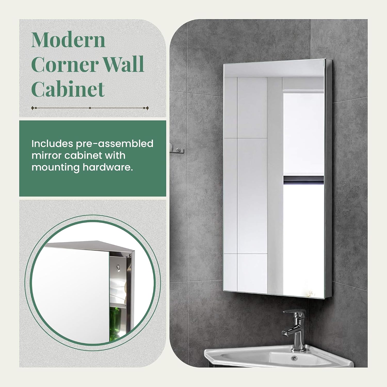 Renovators Supply Infinity Corner Wall Mount Medicine Cabinet with Mirror Polished Stainless Steel Bathroom Storage 23.6 x 11.8 Inches Hanging Triple Shelf Storage Cabinet Opens Right to Left