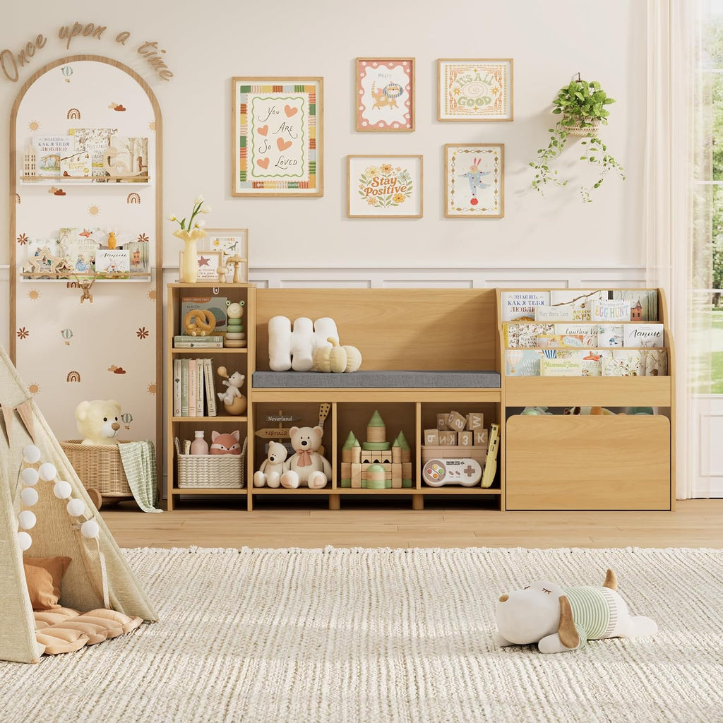 HOSTACK 67' W Kids Reading Nook with Toy Storage Organizer, Large Kids Bookshelf with Toy Storage Box on Wheels, Big Kid Bookcase with Bench and 6 Open Cubbies for Playroom, Kid Room, Natural Oak