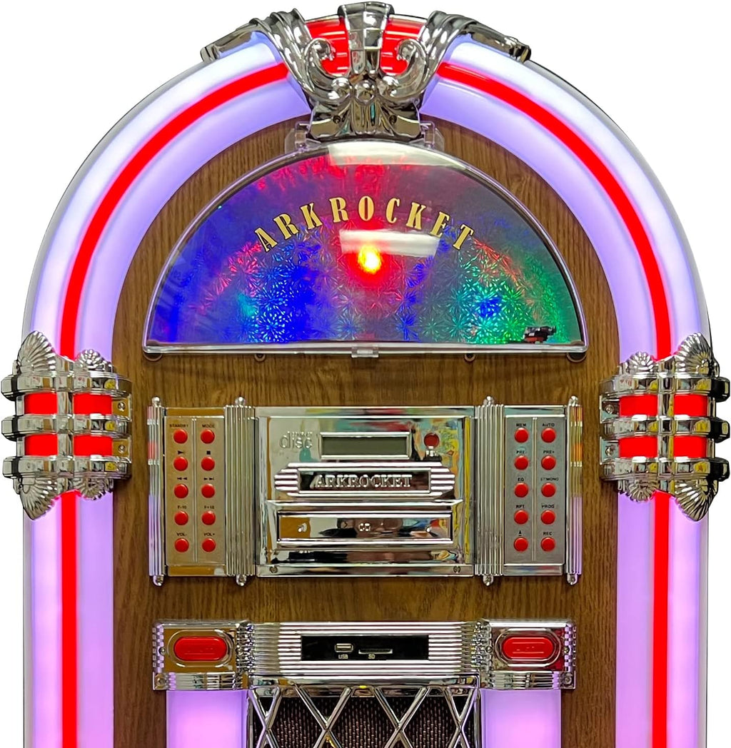 Arkrocket Full Size Jukebox Vinyl Record Player Bluetooth USB SD CD Player Radio Retro Turntable Classic Jukebox (Taurus II - Oak)