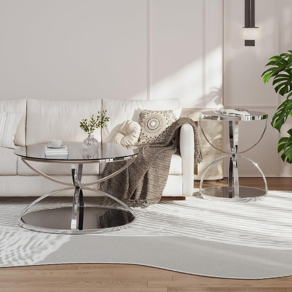 JIJIWANG 31.5' Glass Coffee Table and End Table Sets, 2 Tiers Center Table with Circular Metal Frame, Round Coffee Tables for Living Room, Bedroom, Office Silver