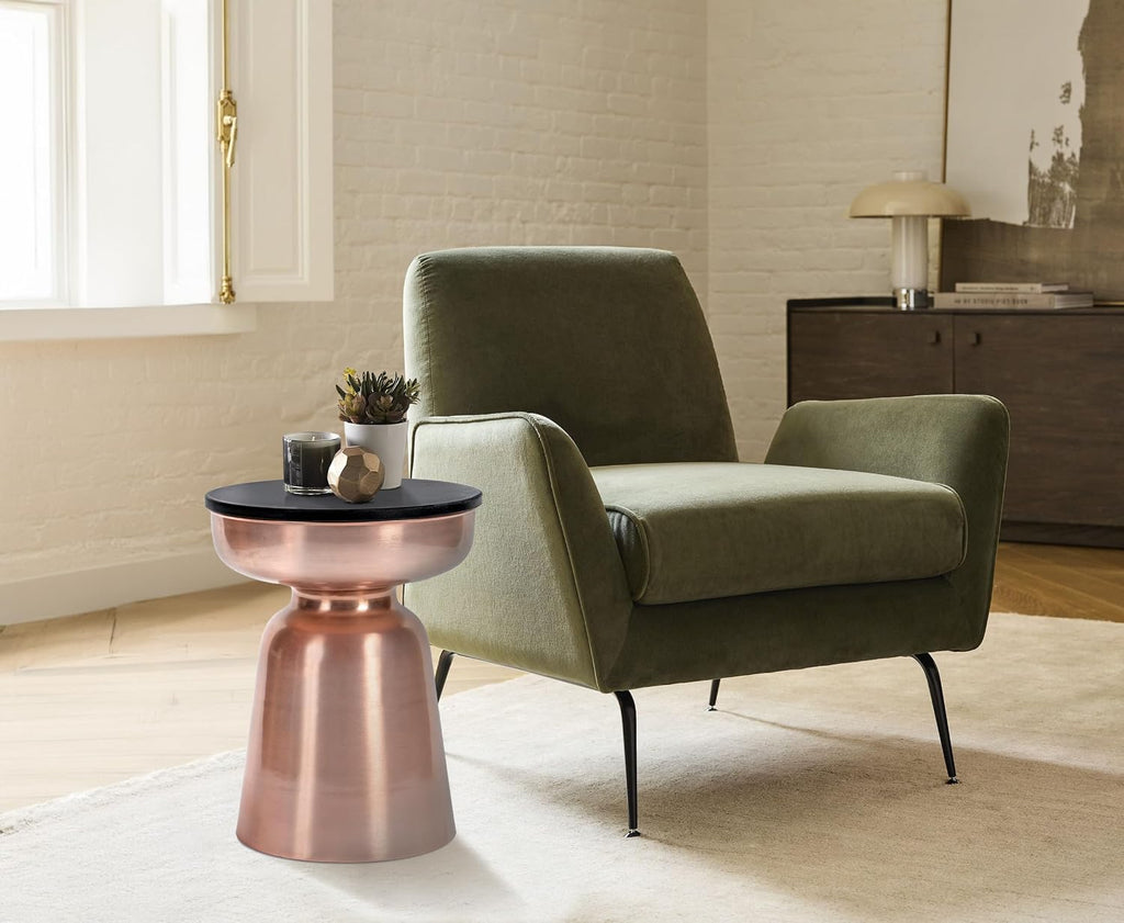 Click365 Adler Granite Accent Side Table, 16 Inch Round End Table with Hourglass Rose Gold Metal Base, Modern Nightstand or Bedside Table for Living Room or Bedroom, Polished Black & Rose Gold