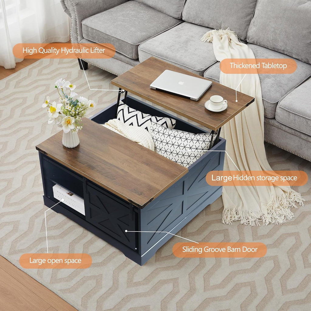 Farmhouse Lift Top Coffee Table, Wood Square Coffee Table with Sliding Barn Door and Adjustable Shelf Rustic Center Table with Hidden Storage Compartment for Living Room, Black