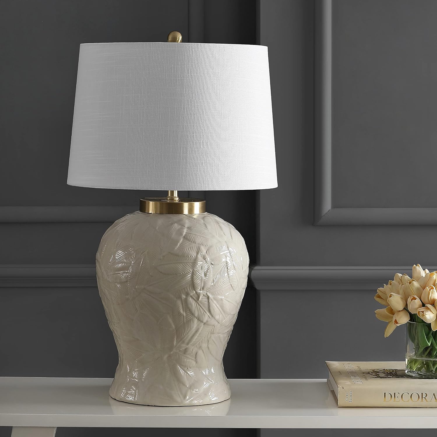 JONATHAN Y 31.5' Cream Ceramic Palm Leaf Table Lamp, Bohemian Cottage Tropical Pattern Lamp for Bedroom Living Room, White Linen Empire Shade, LED Bulb Included JYL6617A