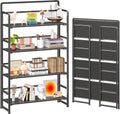 4NM No Assembly Extra Wide 4 Tiers Folding Bookshelf Storage Shelves Vintage Bookcase Standing Racks Study Organizer Home Office (All Black)