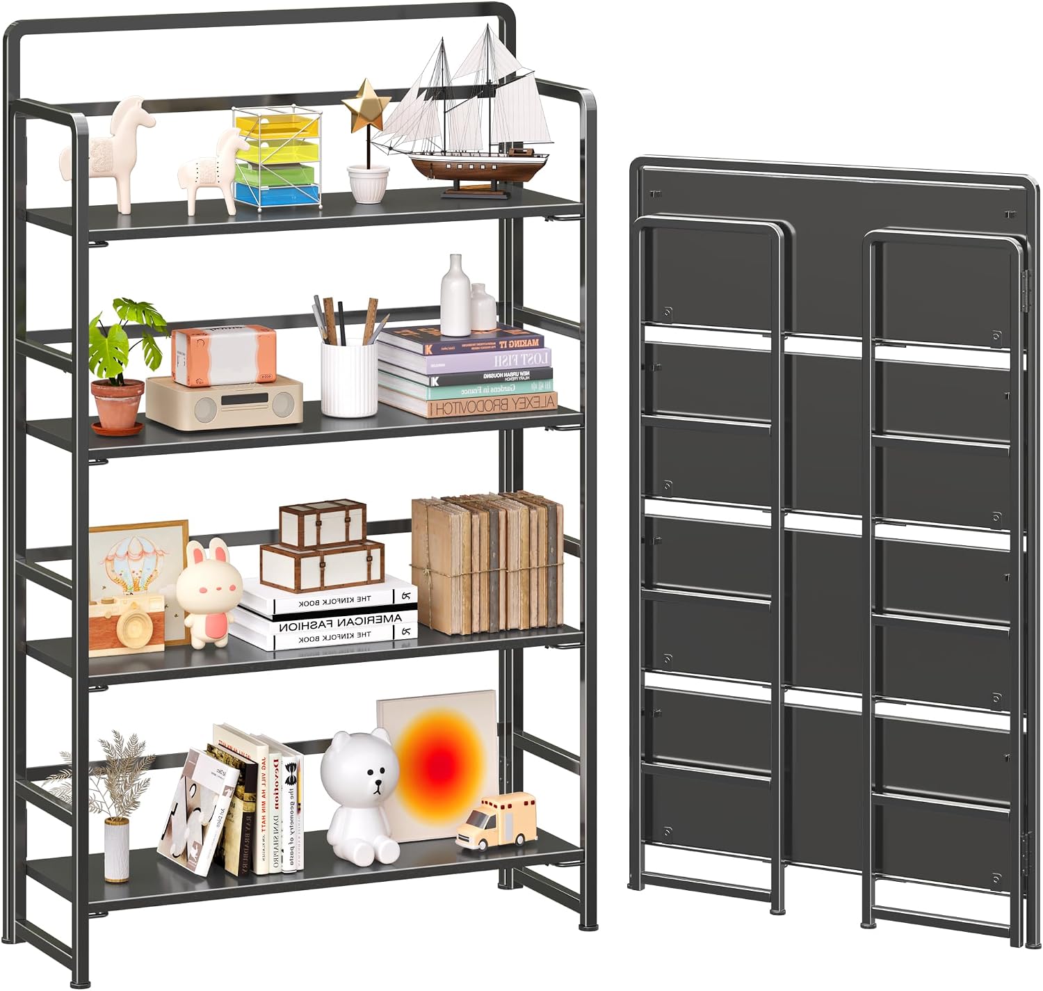 4NM No Assembly Extra Wide 4 Tiers Folding Bookshelf Storage Shelves Vintage Bookcase Standing Racks Study Organizer Home Office (All Black)