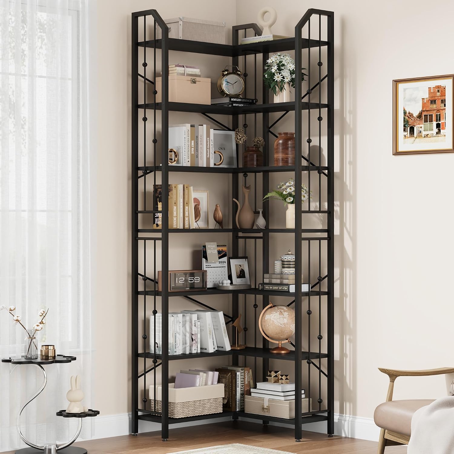 GarveeHome Corner Bookshelf 86' l Shaped Bookcase, Corner Bookshelves Black Bookcase 7 Tier l-Shape Bookshelf, Large Bookcases with Beaded Design Tall Display Rack Shelf for Living Room Bedroom