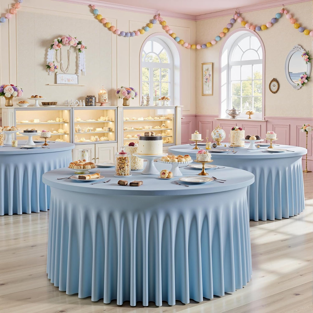 6 Pack Spandex Dusty Blue Round Tablecloths for 60in Tables, Stretchy 120inch Fitted 5FT Round Table Cloths, Wrinkle Free Table Cover with Skirt for Wedding Birthday Party Bridal Shower Banquet